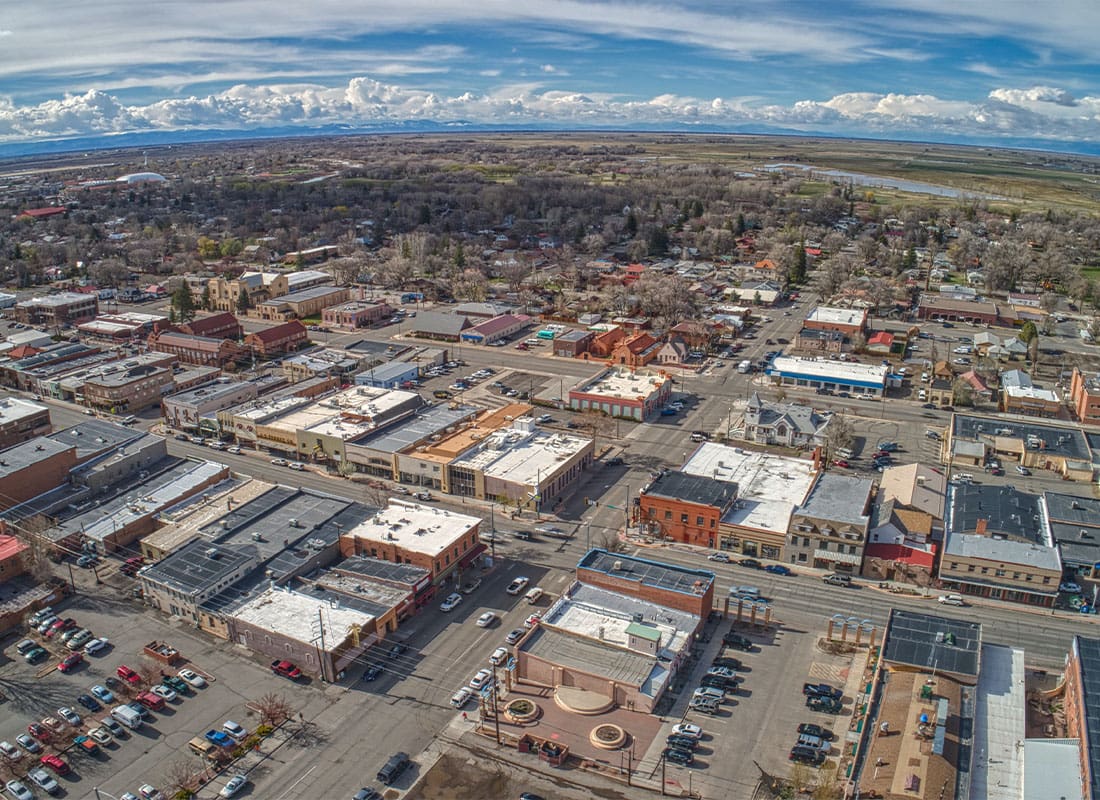 Alamosa, CO - Aerial View of Downtown Alamosa and Train Station in Spring