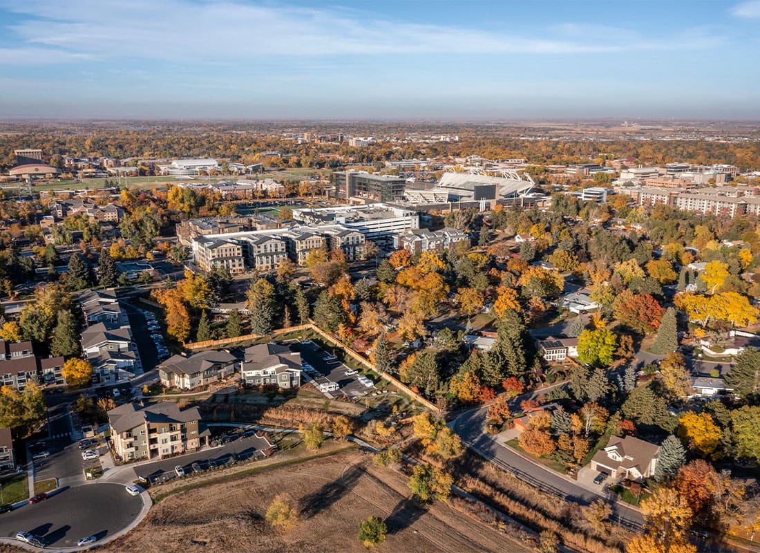 Bayfield, CO - City of Fort Collins in Northern Colorado, Aerial View in Fall Scenery Towards Downtown and Campus