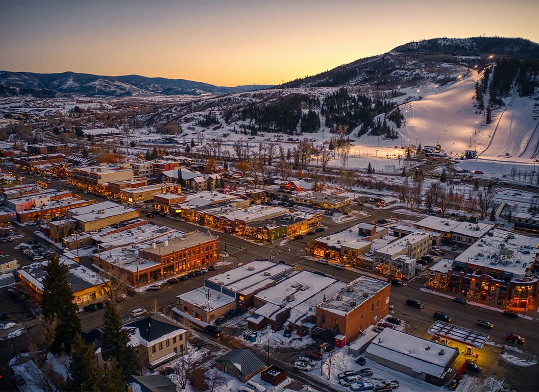 Steamboat Springs, CO - Aerial View of the Colorado Ski Town of Steamboat Springs During Winter